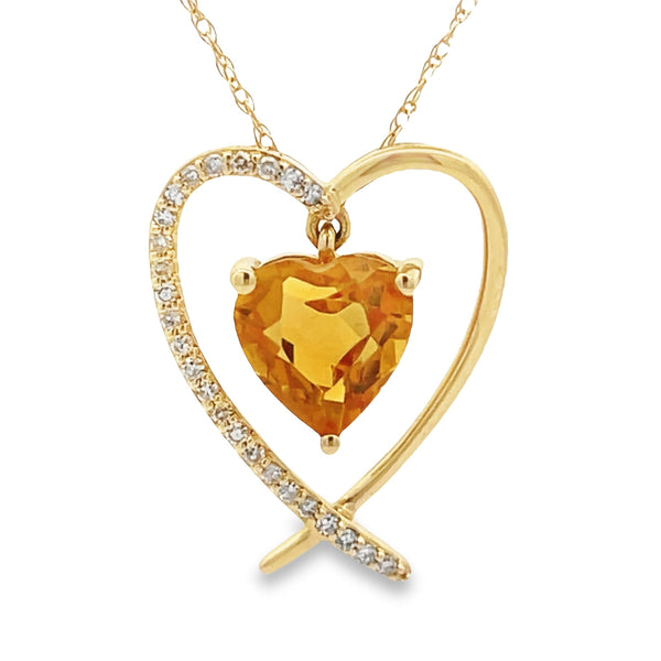 Citrine Diamond Heart Love Pendant 14KT Yellow Gold