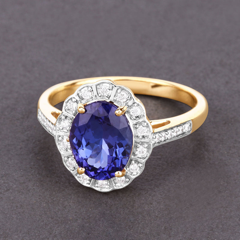 2.39 Carat Genuine Tanzanite and White Diamond 14K Yellow Gold Ring