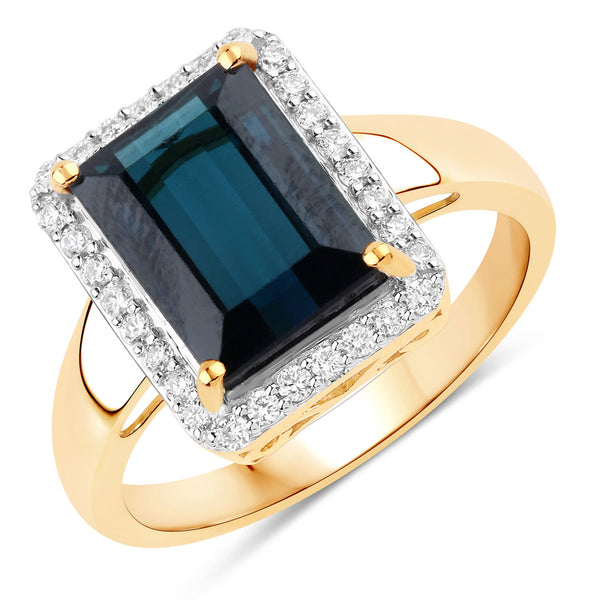 3.81 Carat Genuine Green Tourmaline and White Diamond 14K Yellow Gold Ring