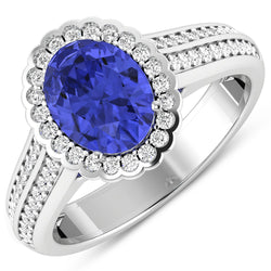 2.02 Carat Genuine Tanzanite and White Diamond 14K White Gold Ring