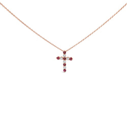 18K Rose Gold 1/2 Cttw Diamond and 2.9MM Round Red Ruby 11 Stone Cross 18" Pendant Necklace (F-G Color, VS2-SI1 Clarity)