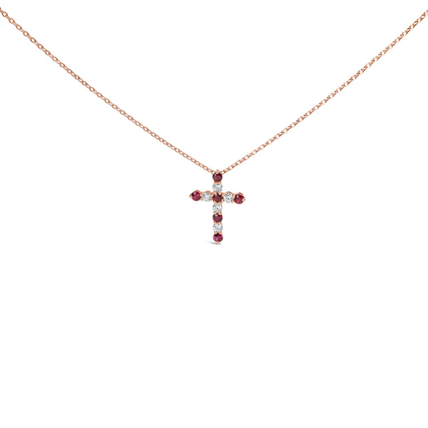 18K Rose Gold 1/2 Cttw Diamond and 2.9MM Round Red Ruby 11 Stone Cross 18" Pendant Necklace (F-G Color, VS2-SI1 Clarity)