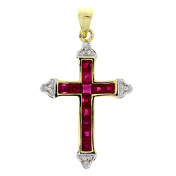 Ruby Diamond Cross Religious Pendant 10KT Yellow Gold