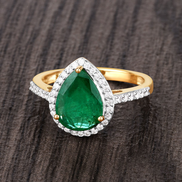 2.00 Carat Genuine Zambian Emerald and White Diamond 14K Yellow Gold Ring