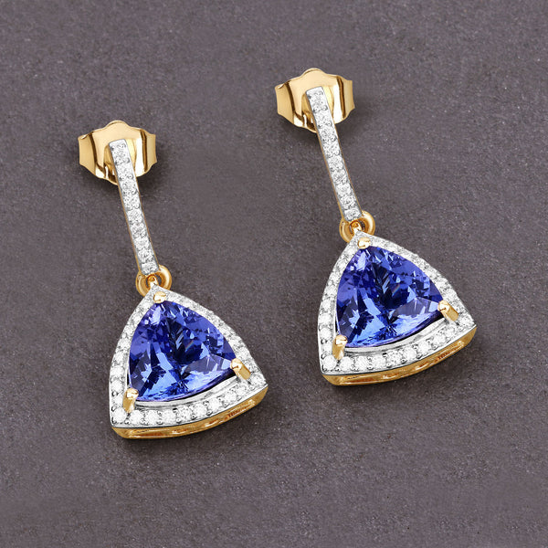 3.86 Carat Genuine Tanzanite and White Diamond 14K Yellow Gold Earrings