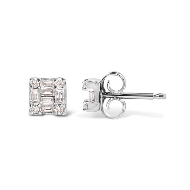 10K White Gold 1/7 Cttw Round and Baguette Diamond Mosaic Square Stud Earrings (H-I Color, I1-I2 Clarity)