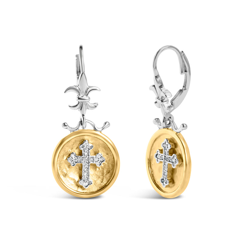 18K Yellow Gold Plated .925 Sterling Silver 1/8 Cttw Diamond Hammered Finished Medallion with Cross Drop and Dangle Earrings (I-J Color, SI1-SI2 Clarity)