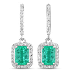 2.08 Carat Genuine Emerald and White Diamond 14K White Gold Earrings