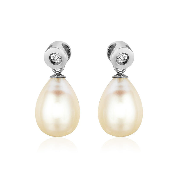 Sterling Silver Earrings with Pear Shaped Freshwater Pearls and Cubic Zirconias