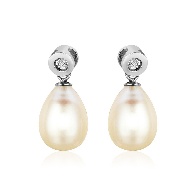 Sterling Silver Earrings with Pear Shaped Freshwater Pearls and Cubic Zirconias