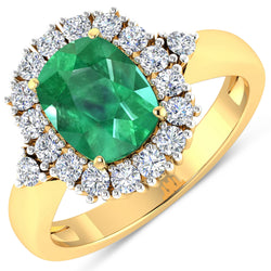 2.39 Carat Genuine Zambian Emerald and White Diamond 14K Yellow Gold Ring