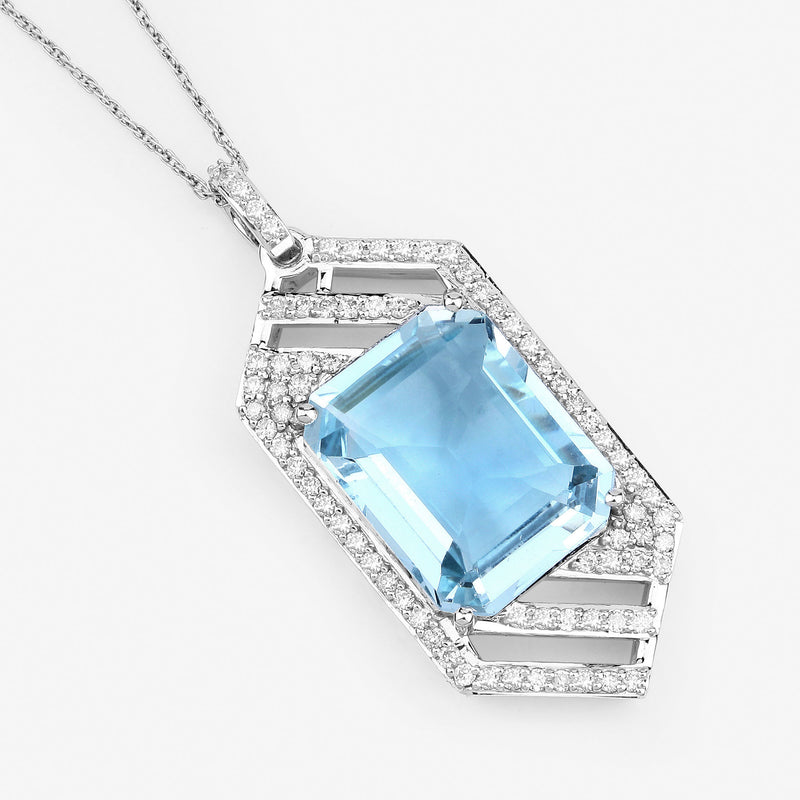 8.65 Carat Genuine Aquamarine and White Diamond 14K White Gold Pendant