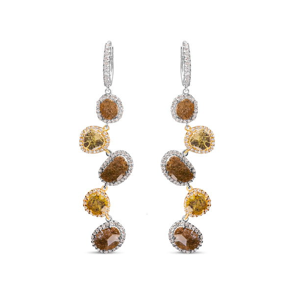 14K White Gold 8 5/8 Cttw Fancy Brown and Yellow Rose Cut Diamond Link Drop and Dangle Earring (Fancy Color, I2-I3 Clarity)