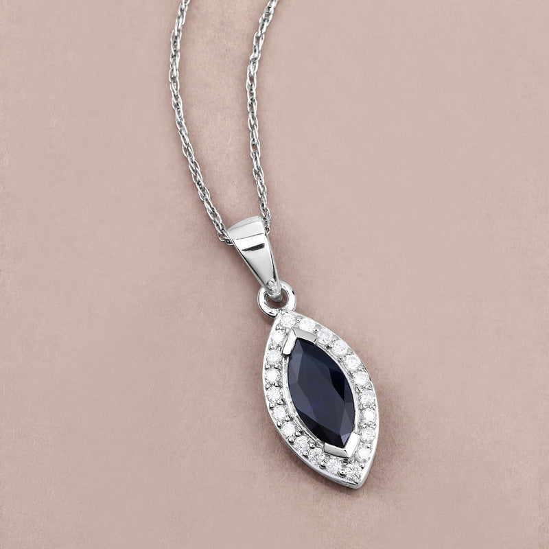 0.87 Carat Genuine Blue Sapphire and White Diamond 14K White Gold Pendant