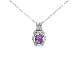 .925 Sterling Silver 9x7mm Oval Purple Amethyst and Round Diamond Accent Fashion Drop Pendant 18 Inch Necklace (I-J Color, I1-I2 Clarity)