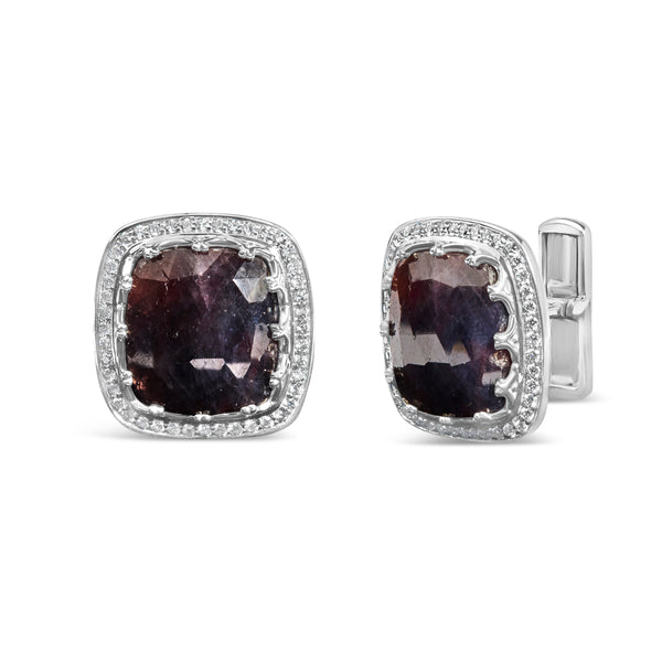 14K White Gold 15x15 Dark Purple Sapphire and 4/5 Cttw Diamond Halo Cufflinks (F-G Color, VS1-VS2 Clarity)