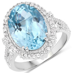 8.15 Carat Genuine Blue Topaz and White Topaz .925 Sterling Silver Ring