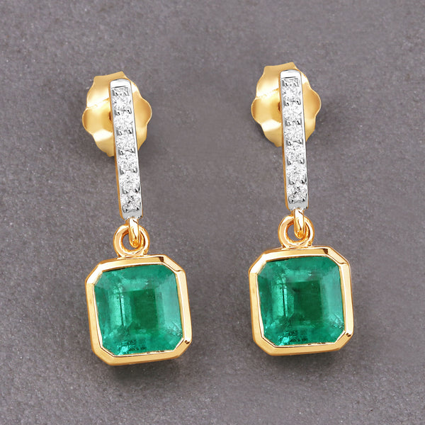 1.48 Carat Genuine Emerald and White Diamond 14K Yellow Gold Earrings