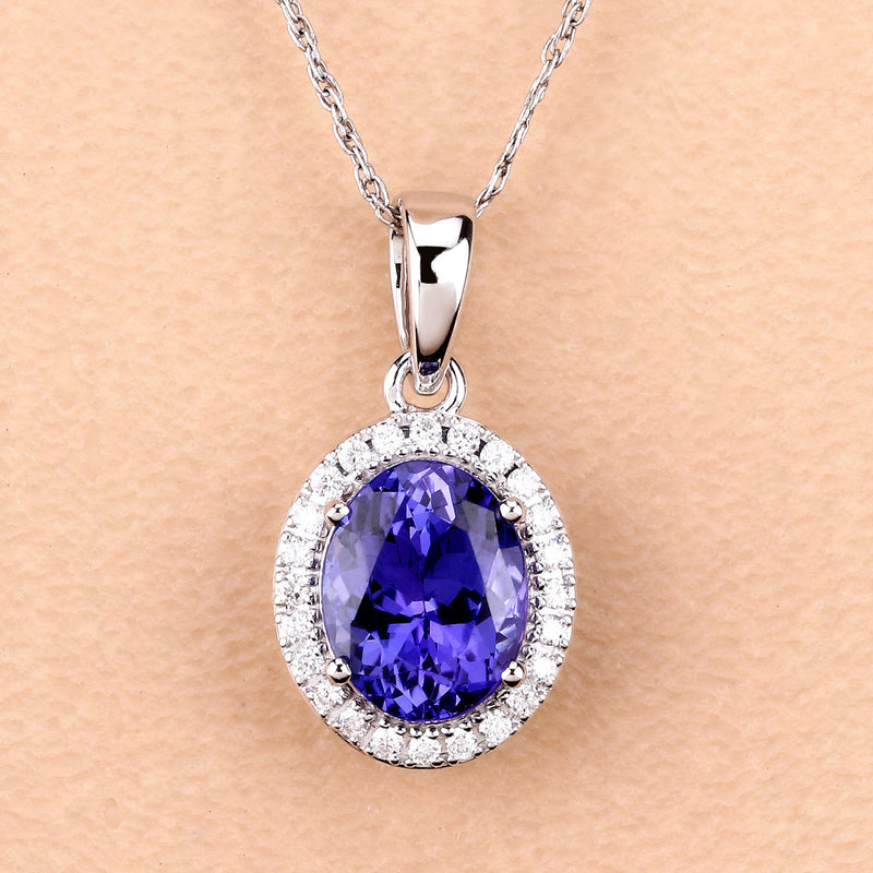 2.50 Carat Genuine Tanzanite and White Diamond 14K White Gold Pendant