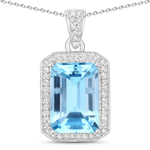 5.85 Carat Genuine Blue Topaz and White Diamond .925 Sterling Silver Pendant