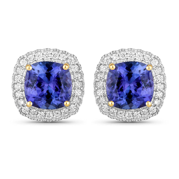 5.98 Carat Genuine Tanzanite and White Diamond 14K Yellow Gold Earrings