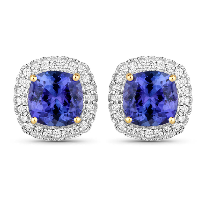 5.98 Carat Genuine Tanzanite and White Diamond 14K Yellow Gold Earrings