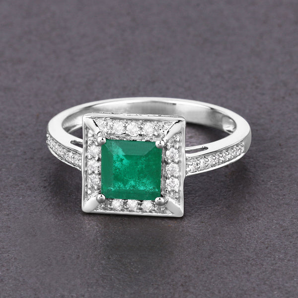 1.19 Carat Genuine Zambian Emerald and White Diamond 14K White Gold Ring