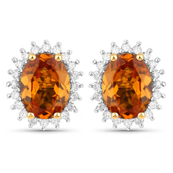 3.00 Carat Genuine Spessartite Garnet and White Diamond 14K Yellow Gold Earrings