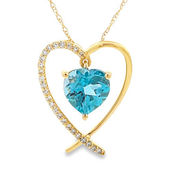 Blue Topaz Diamond Heart Love Pendant 14KT Yellow Gold