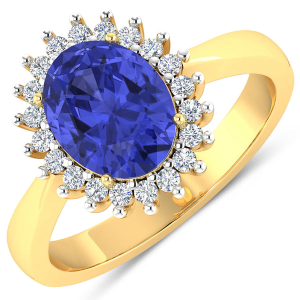 1.34 Carat Genuine Tanzanite and White Diamond 14K Yellow Gold Ring