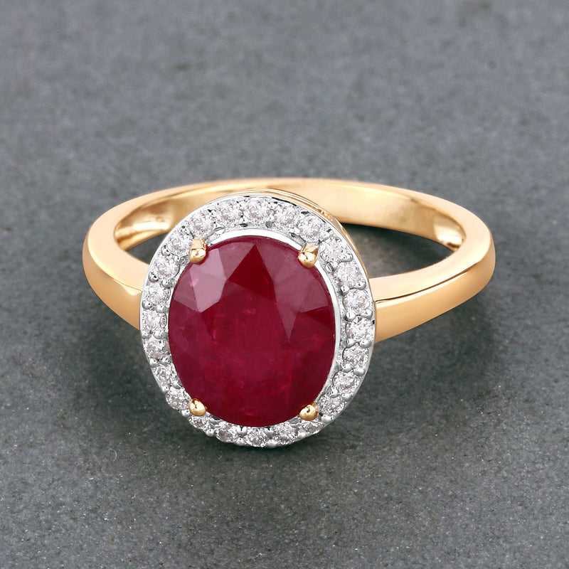 3.20 Carat Genuine Ruby and White Diamond 14K Yellow Gold Ring