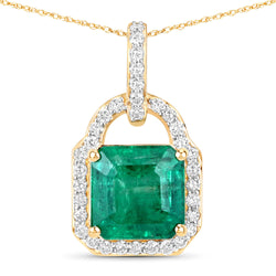 IGI Certified 3.37 Carat Genuine Zambian Emerald and White Diamond 14K Yellow Gold Pendant