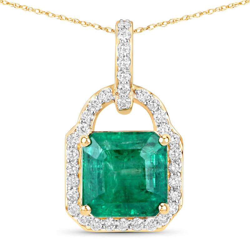 IGI Certified 3.37 Carat Genuine Zambian Emerald and White Diamond 14K Yellow Gold Pendant