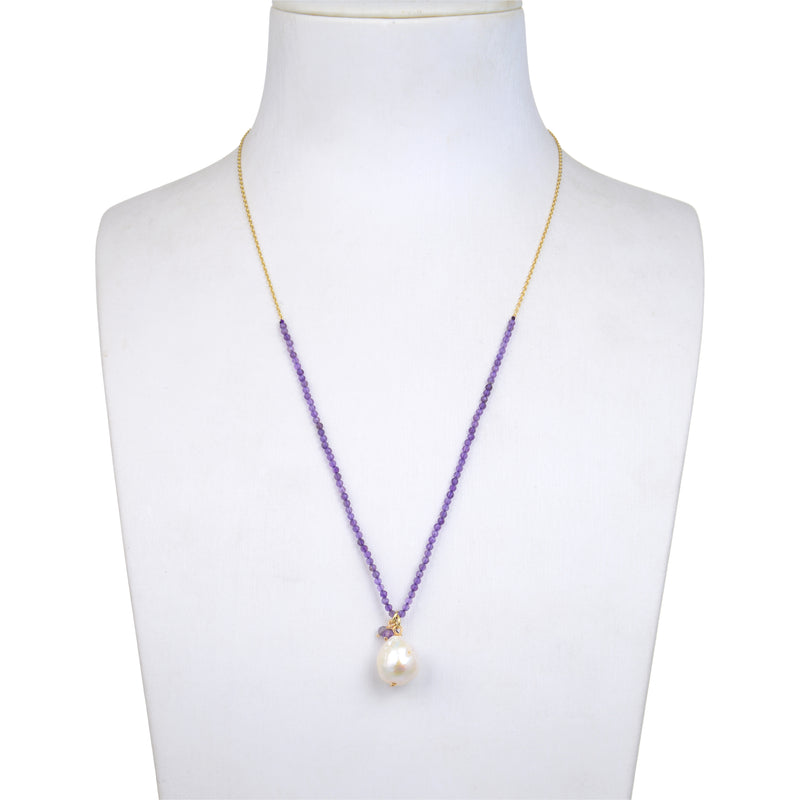 V3 Jewelry Natural Amethyst and Freshwater Pearl 18k Gold-Plated Beaded Adjustable Necklace