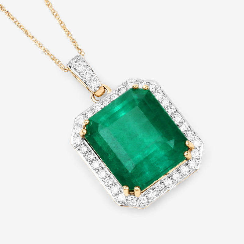 IGI Certified 13.23 Carat Genuine Zambian Emerald and White Diamond 14K Yellow Gold Pendant