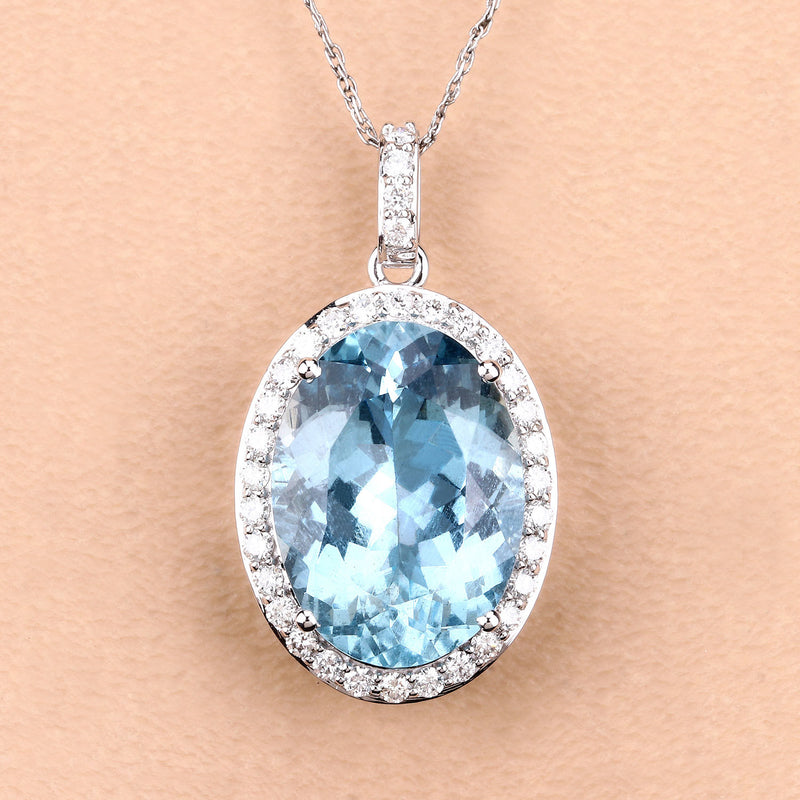 9.59 Carat Genuine Aquamarine and White Diamond 14K White Gold Pendant