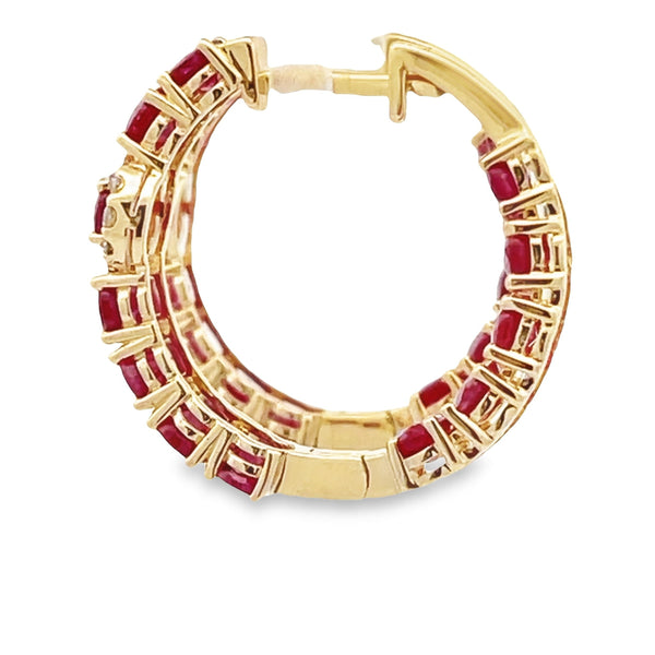 4.93ct Ruby Diamond Hoop Earrings 14KT Yellow Gold