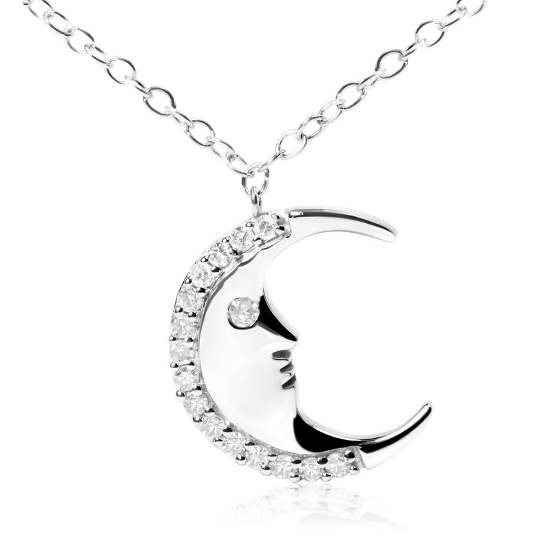 925 Sterling Silver 1/10ct Diamond Crescent Man on the Moon 18" Pendant Necklace  (H-I Color, SI1-SI2 Clarity)