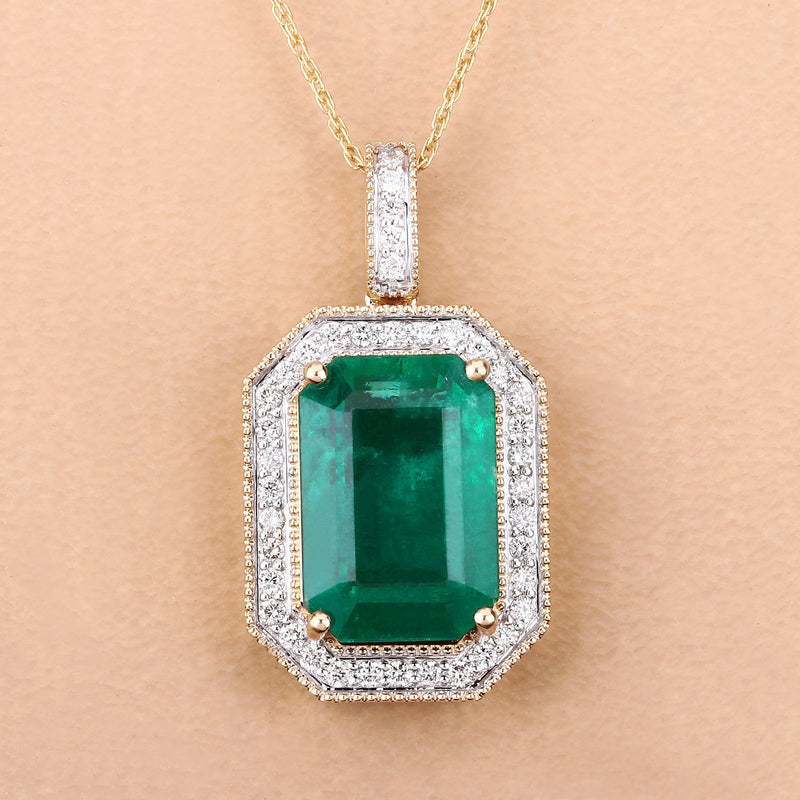 IGI Certified 8.74 Carat Genuine Zambian Emerald and White Diamond 14K Yellow Gold Pendant