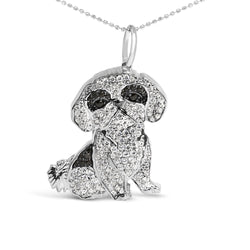 .925 Sterling Silver 1 1/4 Cttw Diamond Shih Tzu Dog Pendant Necklace 18 inch (Black and I-J Color, I2-I3 Clarity)