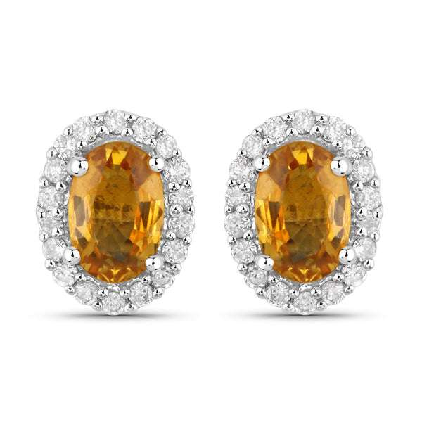 1.66 Carat Genuine Orange Sapphire and White Diamond 14K White Gold Earrings