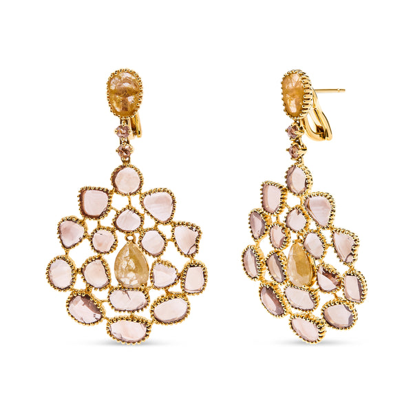 14K Yellow Gold 11 1/5 Cttw Rose Cut and Sliced Diamond Chandelier Style Dangle Earrings (Fancy Color, I2-I3 Clarity)