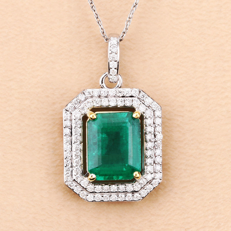 IGI Certified 3.51 Carat Genuine Zambian Emerald and White Diamond 14K Yellow & White Gold Pendant