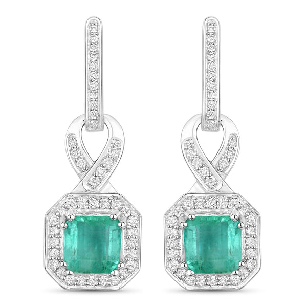 2.83 Carat Genuine Emerald and White Diamond 14K White Gold Earrings