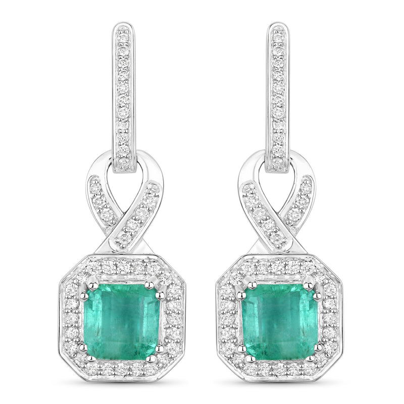 2.83 Carat Genuine Emerald and White Diamond 14K White Gold Earrings