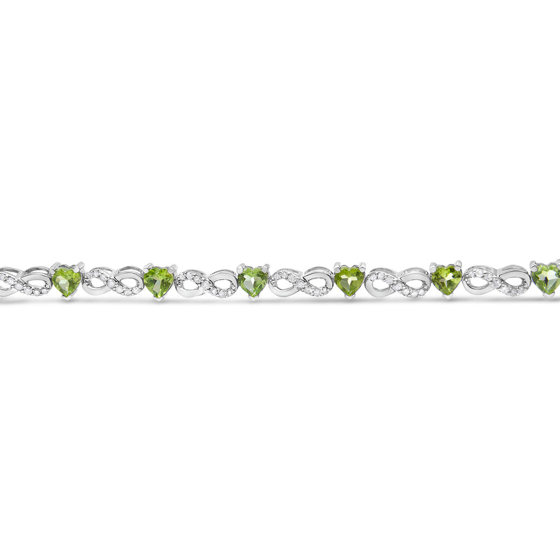 .925 Sterling Silver 1.00 Cttw Diamond and 4.00mm Lab Created Green Heart-Shaped Peridot Infinity Link Bracelet (I-J Color, I2-I3 Clarity) - 7.25"