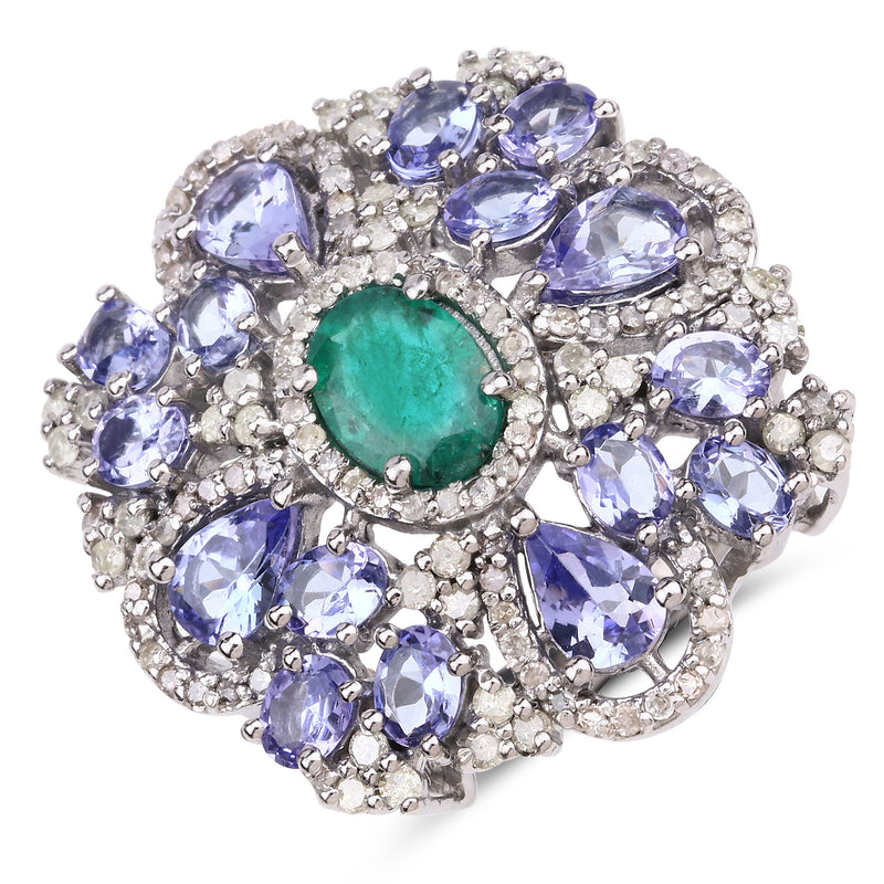 5.25 Carat Genuine Tanzanite, Emerald and White Diamond .925 Sterling Silver Ring