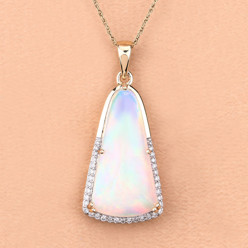 4.20 Carat Genuine Ethiopian Opal and White Diamond 14K Yellow Gold Pendant