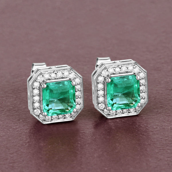 1.90 Carat Genuine Emerald and White Diamond 14K White Gold Earrings