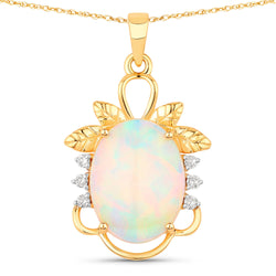 3.57 Carat Genuine Ethiopian Opal and White Diamond 14K Yellow Gold Pendant